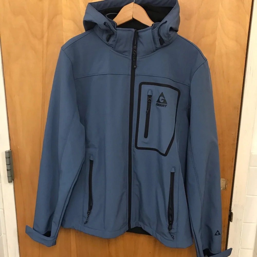 Gerry Mens Softshell Zip Jacket Slate Blue -Removable hood- sz Med